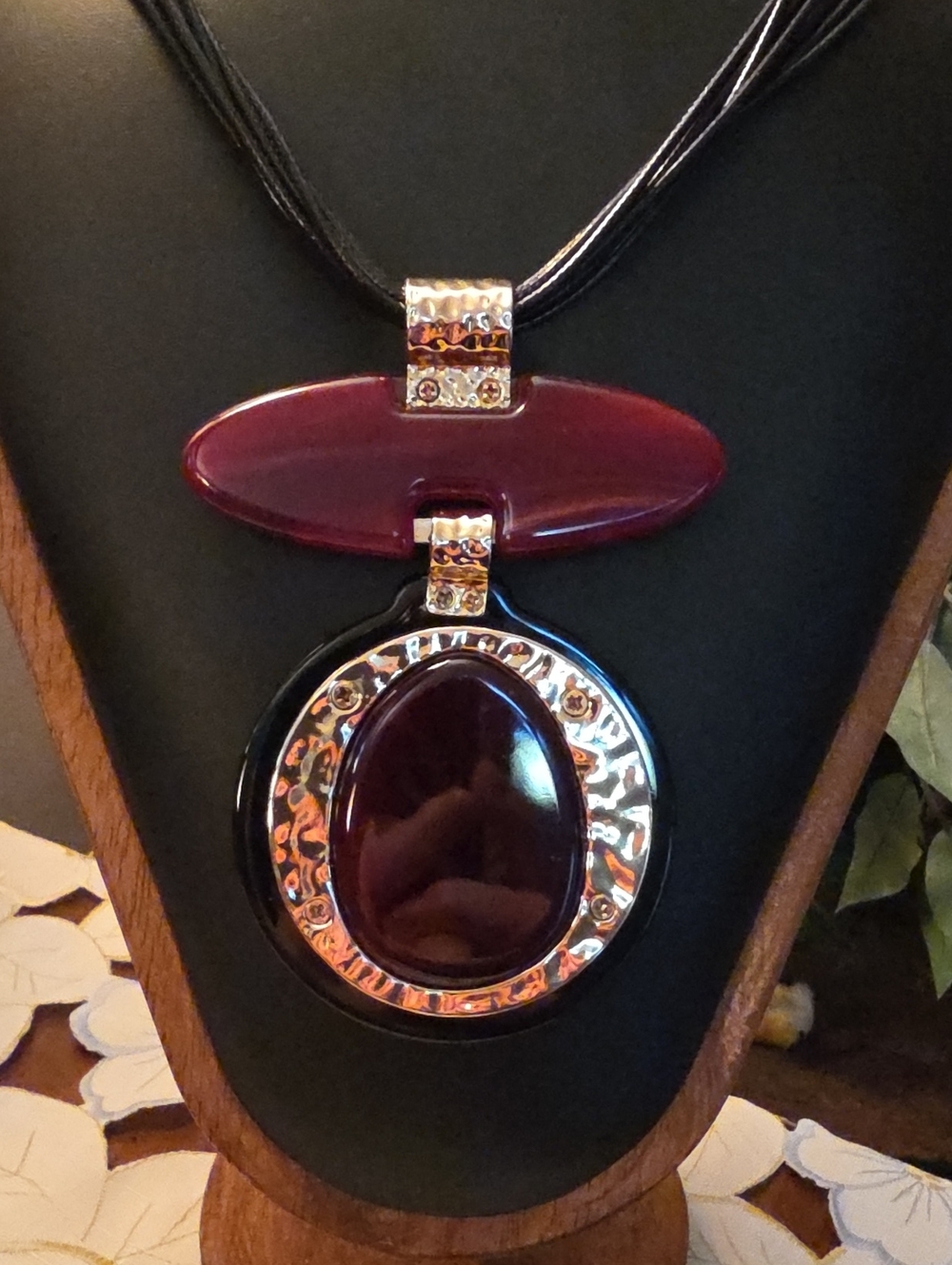 Statement Burgundy Pendant Necklace with Polished Metal Accents